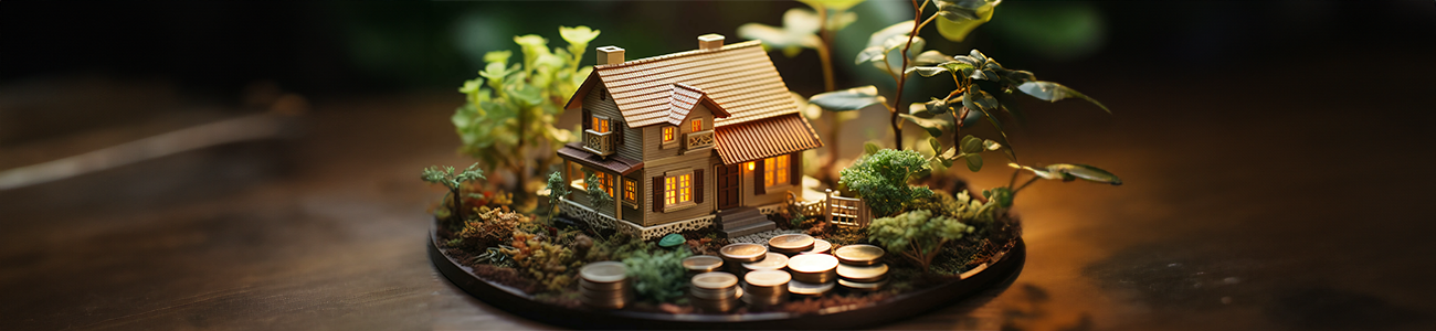 Miniature country home on currency illustrating mortgage and loans